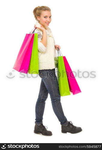 Young girl with bags isolated