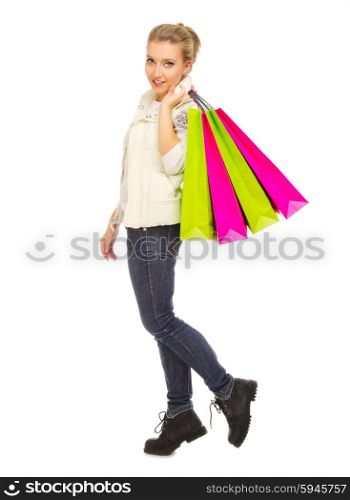 Young girl with bags isolated on white