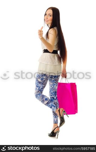 Young girl with bags shows ok gesture isolated