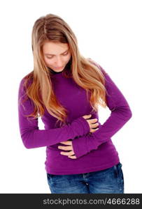 Young girl with bellyache isolated on a white background