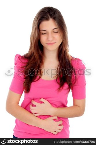 Young girl with bellyache isolated on a white background
