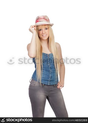 Young girl with blond hair and a cap isolated on a over white background