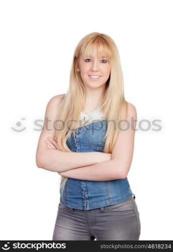 Young girl with blond hair isolated on a over white background