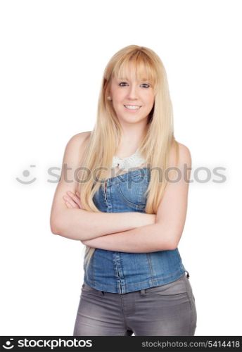 Young girl with blond hair isolated on a over white background
