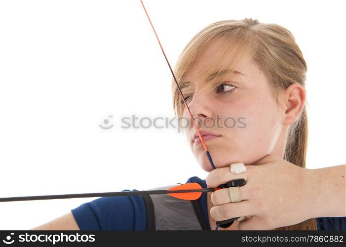 Young girl with blonde hair aiming with a longbow in close up