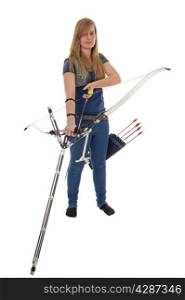 Young girl with blue shirt and jeans holding a longbow isolated in white