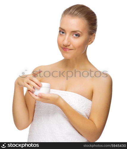 Young girl with body cream jar isolated