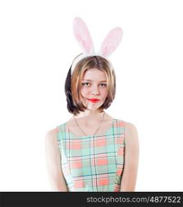 Young girl with bunny ears costume on white