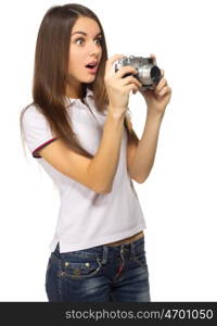 Young girl with camera isolated