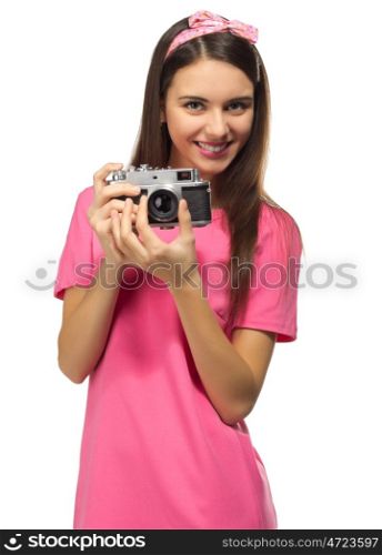 Young girl with camera isolated on white