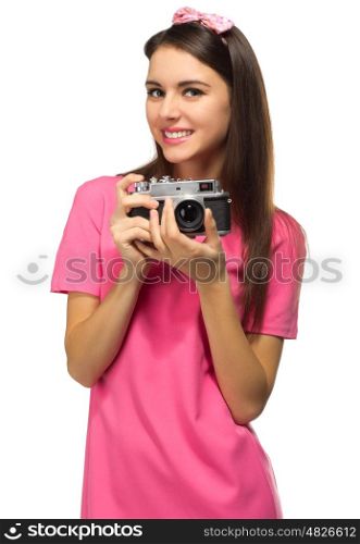 Young girl with camera isolated on white