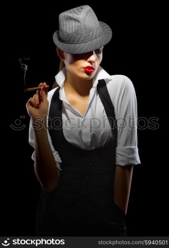 Young girl with cigar isolated