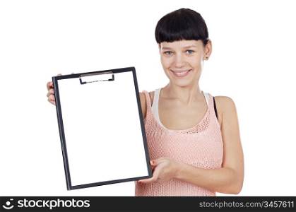 Young girl with clipboard over white background