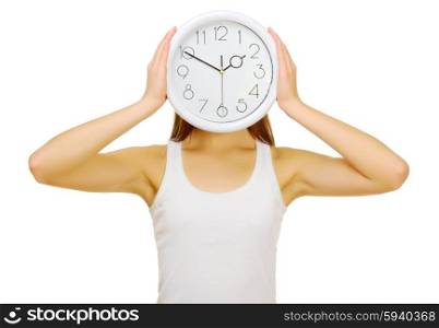Young girl with clocks isolated
