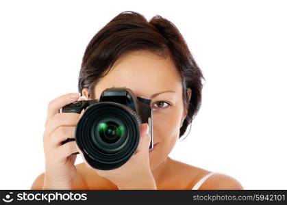 Young girl with DSLR isolated