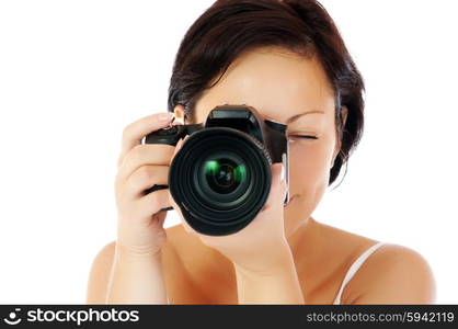 Young girl with DSLR isolated