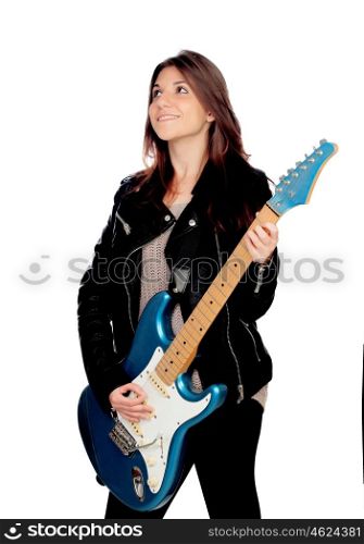 Young girl with electric guitar isolated on white background