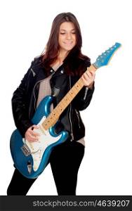 Young girl with electric guitar isolated on white background