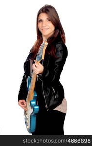 Young girl with electric guitar isolated on white background