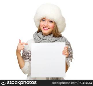Young girl with empty messages board isolated