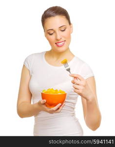 Young girl with fruit salad isolated