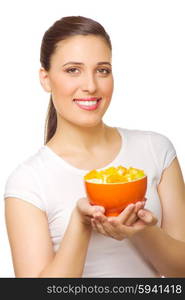 Young girl with fruit salad isolated