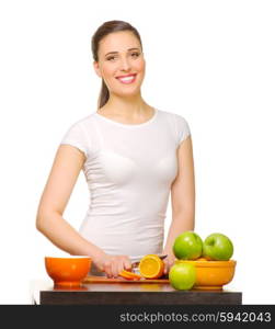 Young girl with fruits isolated