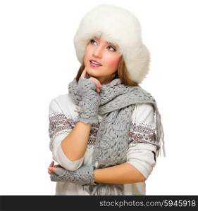 Young girl with fur hat isolated