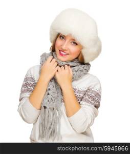 Young girl with fur hat isolated