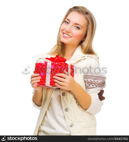 Young girl with gift box isolated