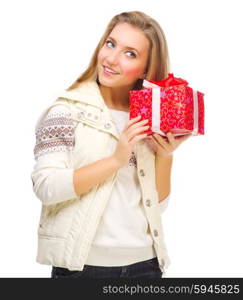 Young girl with gift box isolated