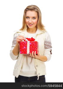 Young girl with gift box isolated