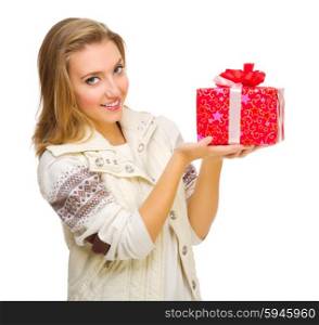Young girl with gift box isolated