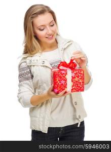 Young girl with gift box isolated