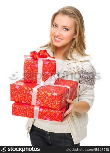 Young girl with gift boxes isolated