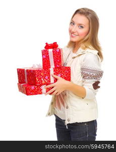 Young girl with gift boxes isolated