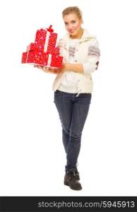 Young girl with gift boxes isolated