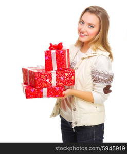 Young girl with gift boxes isolated