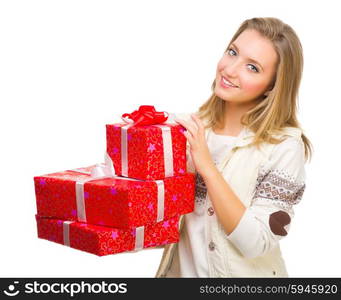 Young girl with gift boxes isolated