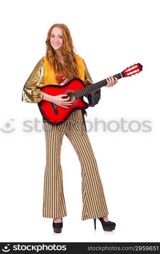 Young girl with guitar on white