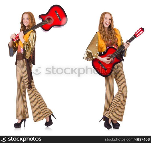 Young girl with guitar on white