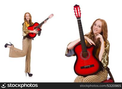 Young girl with guitar on white