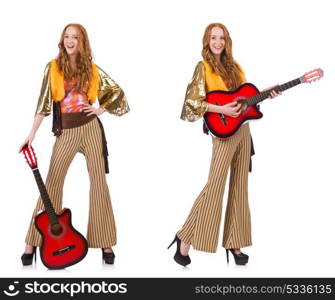 Young girl with guitar on white