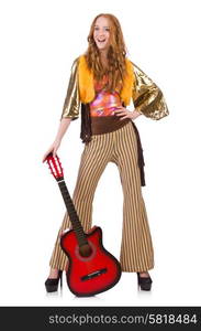 Young girl with guitar on white