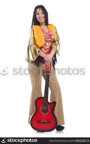 Young girl with guitar on white