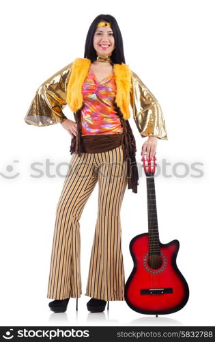 Young girl with guitar on white