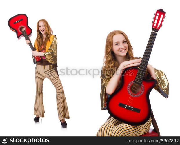 Young girl with guitar on white