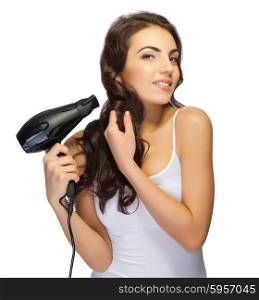 Young girl with hair dryer isolated