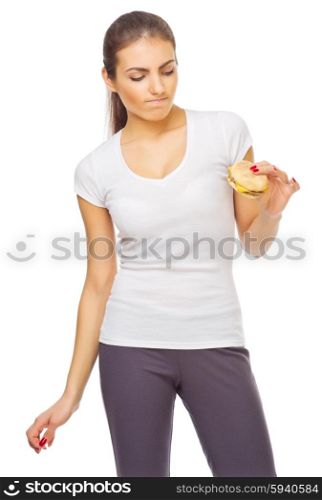 Young girl with hamburger isolated