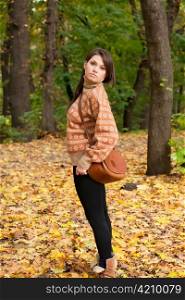 Young girl with handbag standing on yellow autumn leaf background
